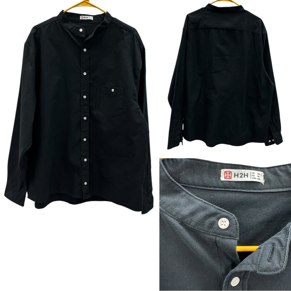 H2H Black Band Collar Button Up Cotton Blend Long Sleeve Pocket Shirt Mens 3XL